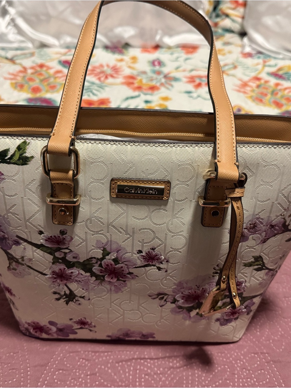 Calvin Klein White Tote with Pink Floral Print and Tan Trim
